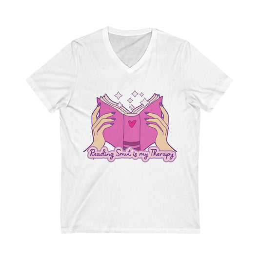 Reading Smut is My Therapy V-Neck Tee, Literary Gift, Book Lover Apparel, Relaxed Fit Top, Perfect for Readers, Unique Gift Idea
