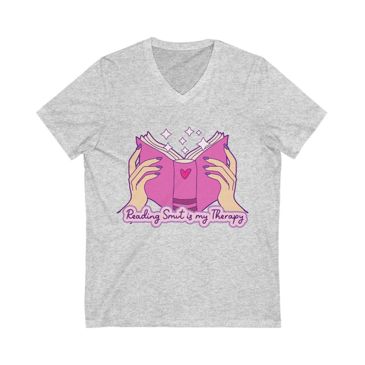 Reading Smut is My Therapy V-Neck Tee, Literary Gift, Book Lover Apparel, Relaxed Fit Top, Perfect for Readers, Unique Gift Idea